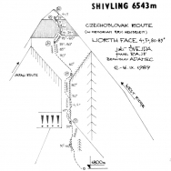 Schéma československého prvovýstupu Severozápadní stěnou Shivlingu